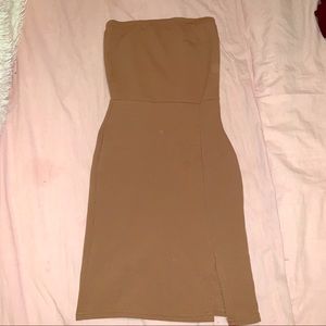 Nude Strapless Mini Dress with Side Slit
